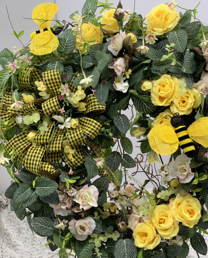 GRAPEVINE WREATH WITH YELLOW ROSES AND BEES